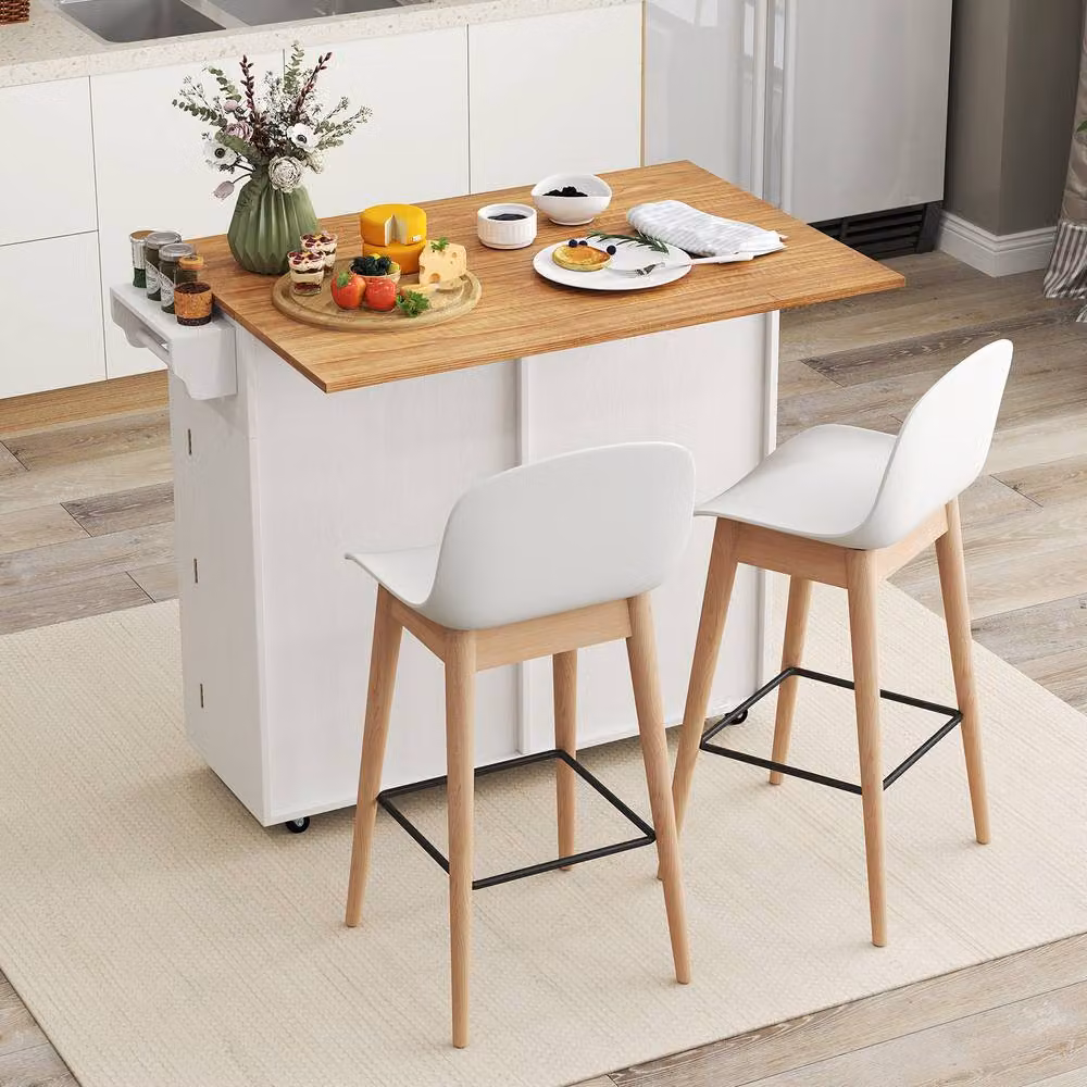 Costway Rolling Kitchen Island with Drop Leaf and 2 Drawers in White – 2