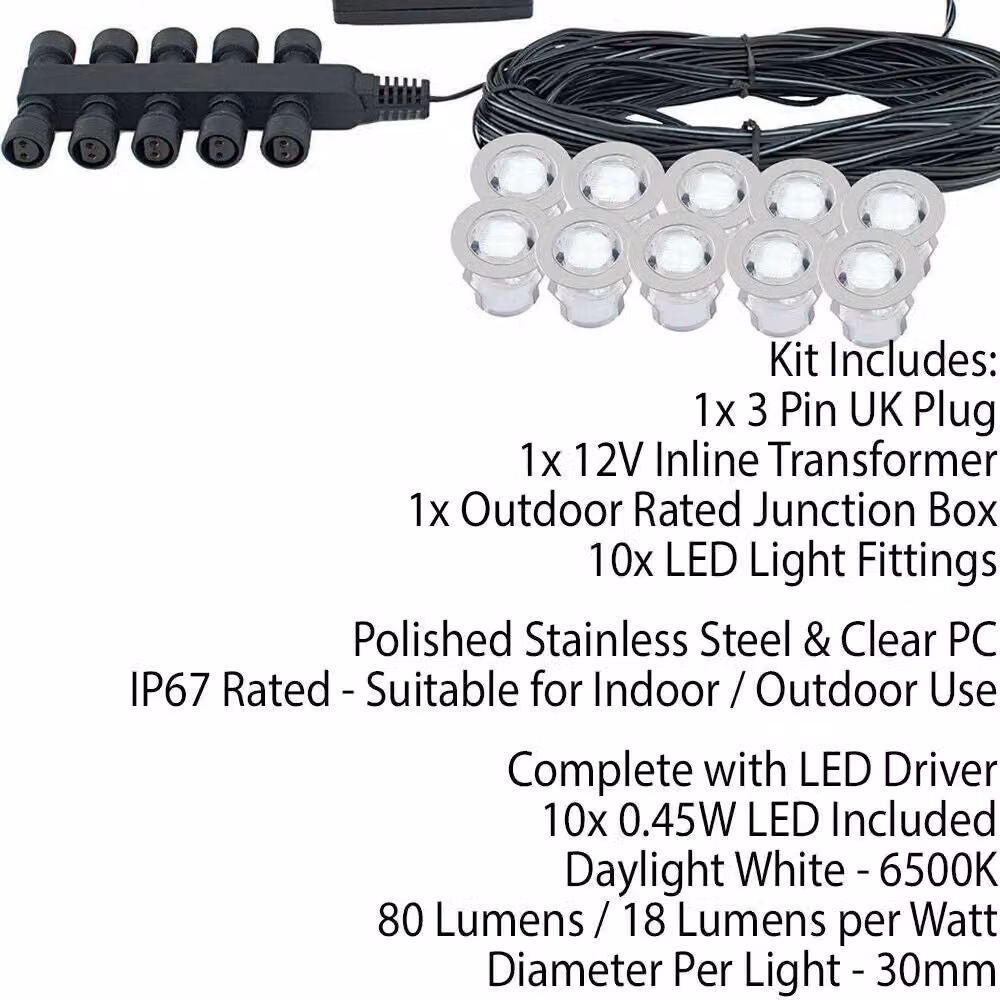 Loops IP67 LED Decking Plinth Light Kit with 10 Round Stainless Steel and Polycarbonate Lamps in Silver and White – 2