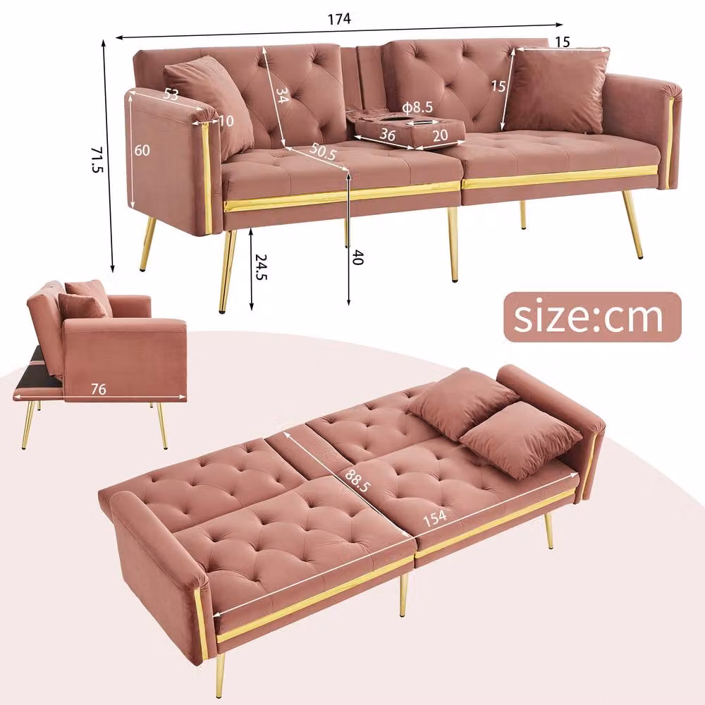 Merax Pink Velvet Sofa Bed with Gold Trim and Fold-Down Cup Holders, W: 174 cm, H: 76 cm, D: 71.5 cm – 2