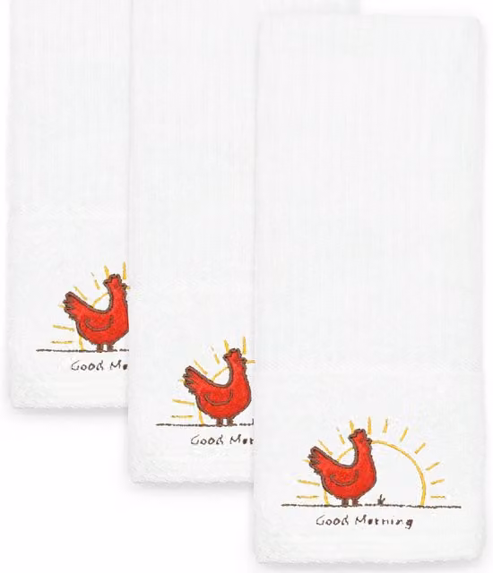 Kitchen Trends Set of 3 White Cotton Chicken Design Embroidered Highly Absorbent Tea Towels
