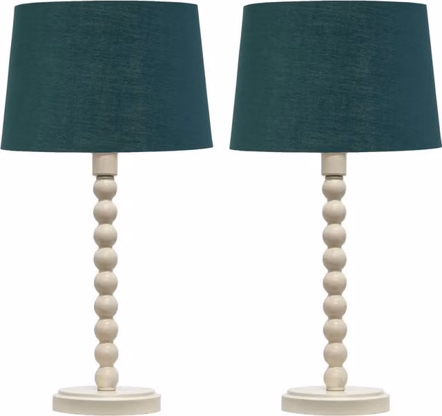 First Choice Lighting Bobbin Set of 2 Table Lamps in White with Green and Gold Shades