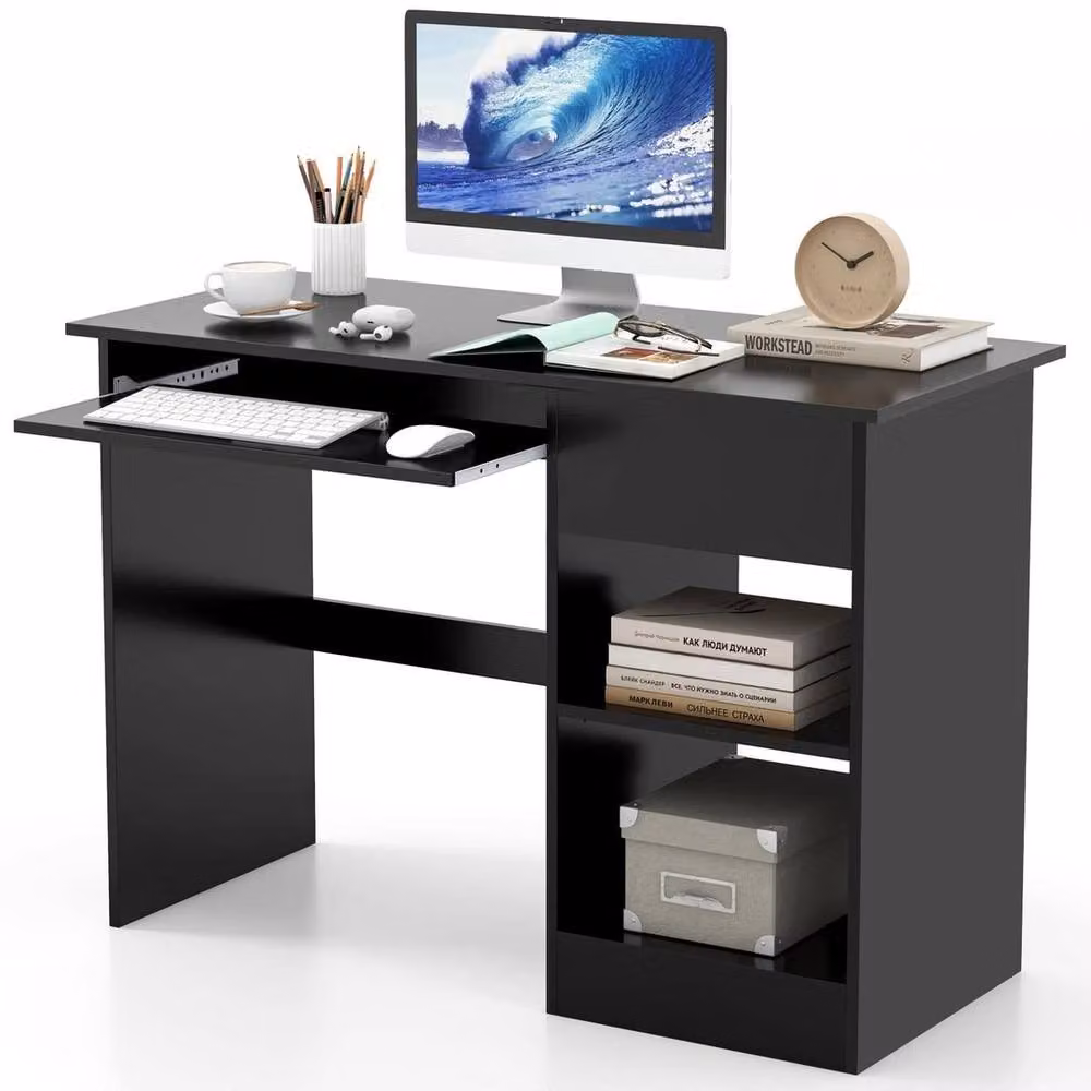 EONLION Modern Black Wooden Computer Desk with Grommet and Keyboard Tray – 5