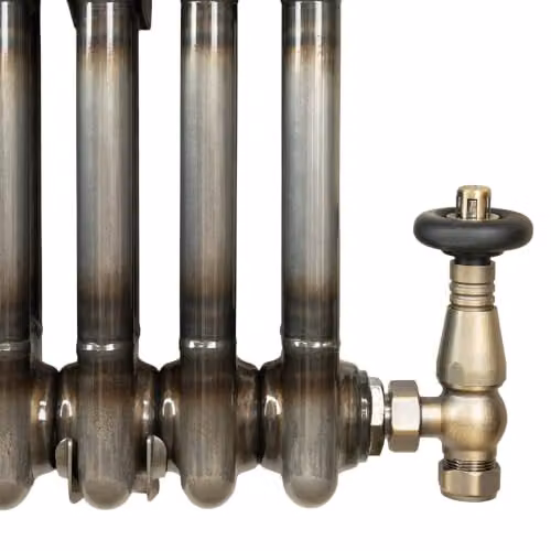 Monster Shop Traditional 2 Column Carbon Steel Radiator in Raw Metal with Thermostatic Radiator Valve Set and Wall Brackets, H: 60.0 cm x W: 42.5 cm x D: 6.8 cm – 4