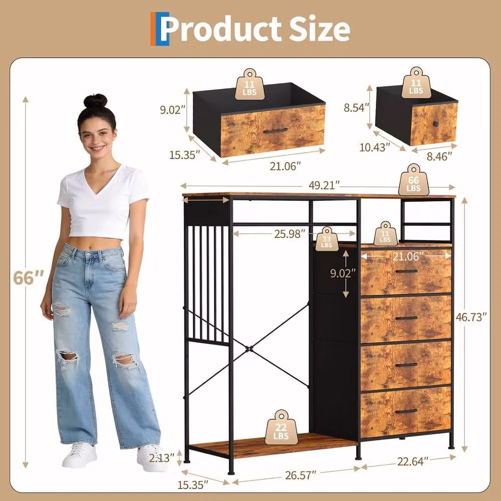 London Boutique 6-Drawer Dresser with Hanging Rod and Charging Station in Brown – 2