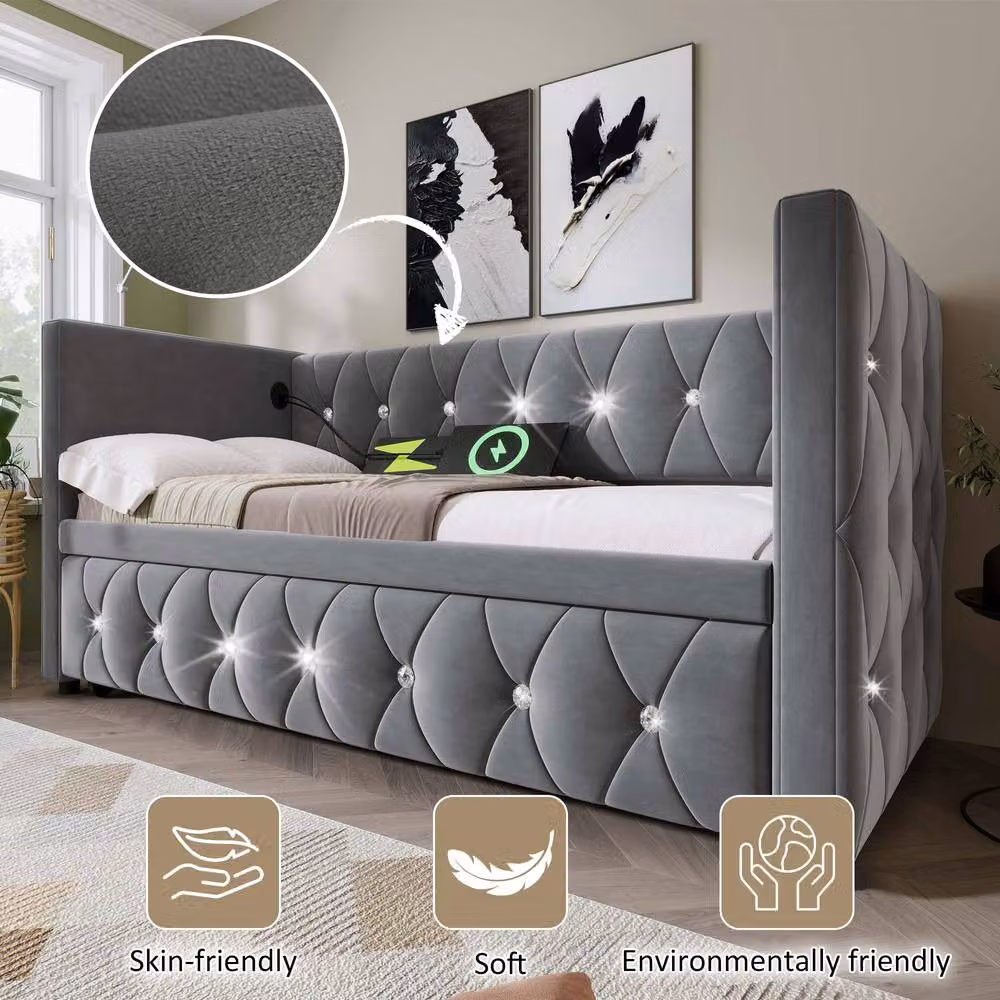 ModernLuxe Grey Velvet Upholstered Single Daybed with Pull Out Trundle Bed, W/D/H: 90 x 190 x 76 cm – 6
