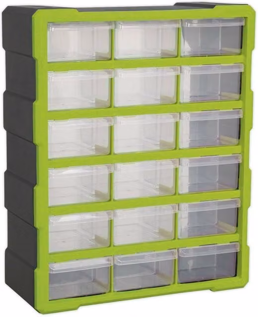 Loops 18 Drawer Parts Cabinet, Green, W/D/H: 37.5 x 16.5 x 47 cm, Wall Mounted or Standing – 1