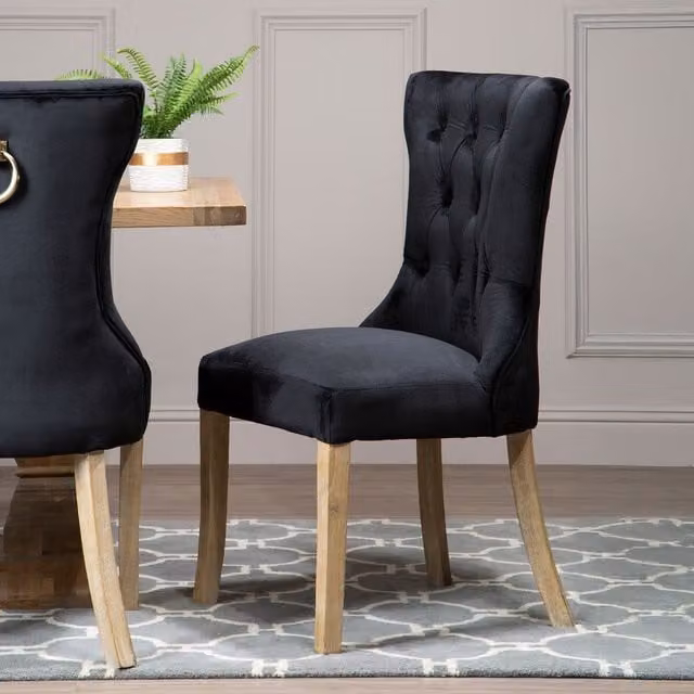 Orsina Black Velvet Button Tufted Dining Chair with Wooden Legs – 1