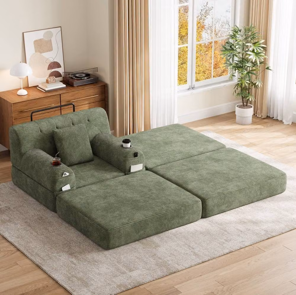 STILVORA Modern Green Sleeper Chair Sofa with Storage Pockets and Cup Holders – 2