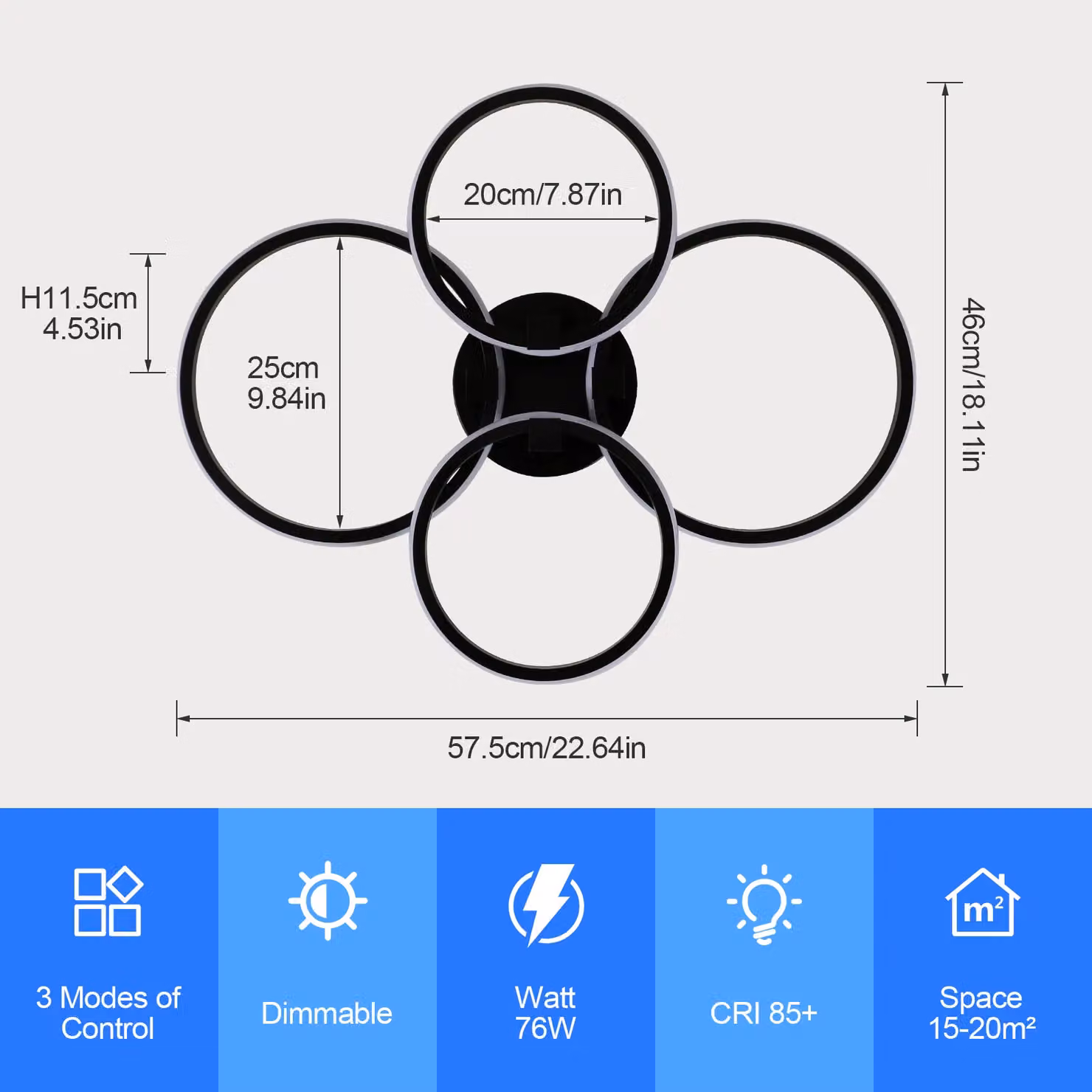 Pheashine Modern 76W 4-Head LED Ceiling Light with Remote Control and Dimmable CCT, Black – 3