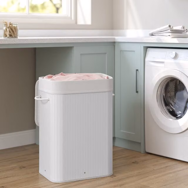 SONGMICS 72 Litre Bamboo Laundry Basket with Lid and Removable Bag, White, W/D/H: 40 x 40 x 60 cm