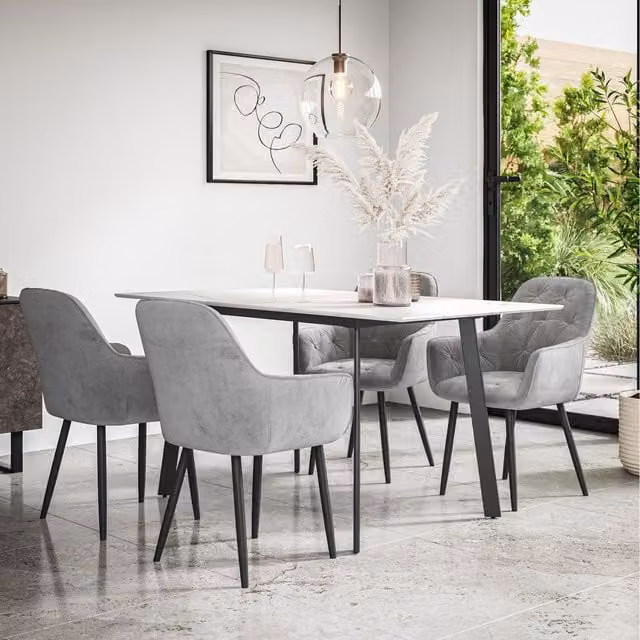 More4Homes Haydon Extending Marble Effect Dining Table Set with 4 to 6 Anika Velvet Chairs in Grey