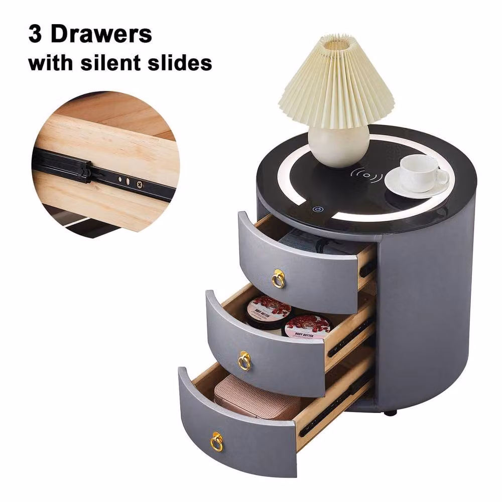 FLAVORA Modern 3 Drawer Bedside Table with LED Lighting and Wireless Charging in Black and Grey – 2