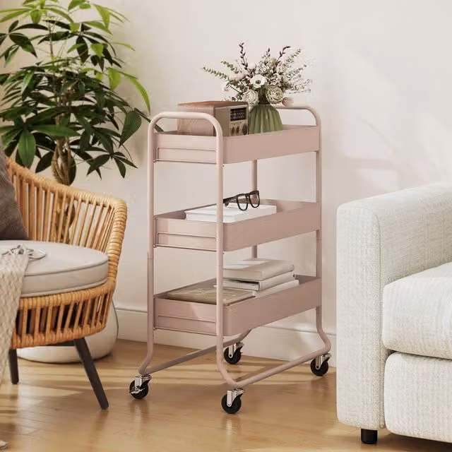 HOMCOM 3-Tier Metal Storage Trolley with Mesh Baskets in Pink