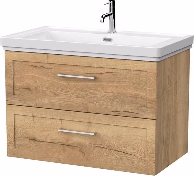 Balterley Stonnall 2 Drawer Wall Mounted Vanity Unit and 1TH Fireclay Basin in Autumn Oak Brown, Width: 80 cm – 1