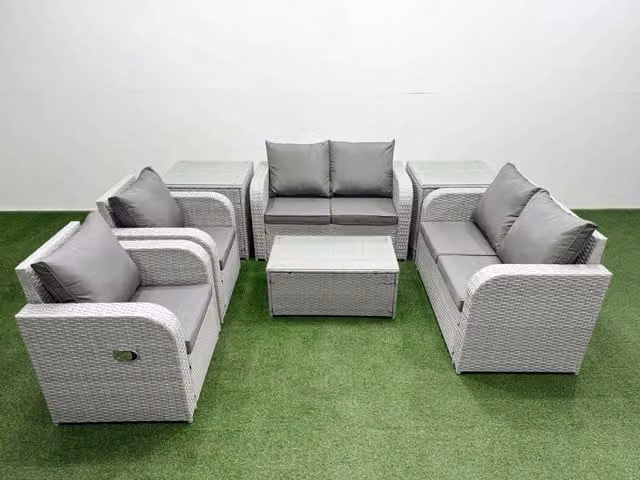 Fimous 6 Seater Rattan Garden Furniture Set with Reclining Chairs, 2 Seater Sofa, Coffee Table and 2 Side Tables in Light Grey