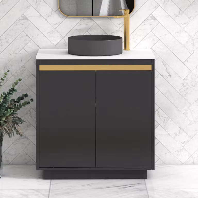Royal Bathrooms Orion 800mm Matt Obsidian Black Floor Standing 2 Door Vanity Unit with Plain White Countertop and Art Round Basin with Brushed Brass Accent Trim