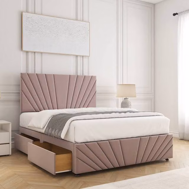 BSSPOKE Rose Divan Bed with 2 Drawers and Mattress in Pink Plush Velvet, W/D/H: 90 x 190 cm