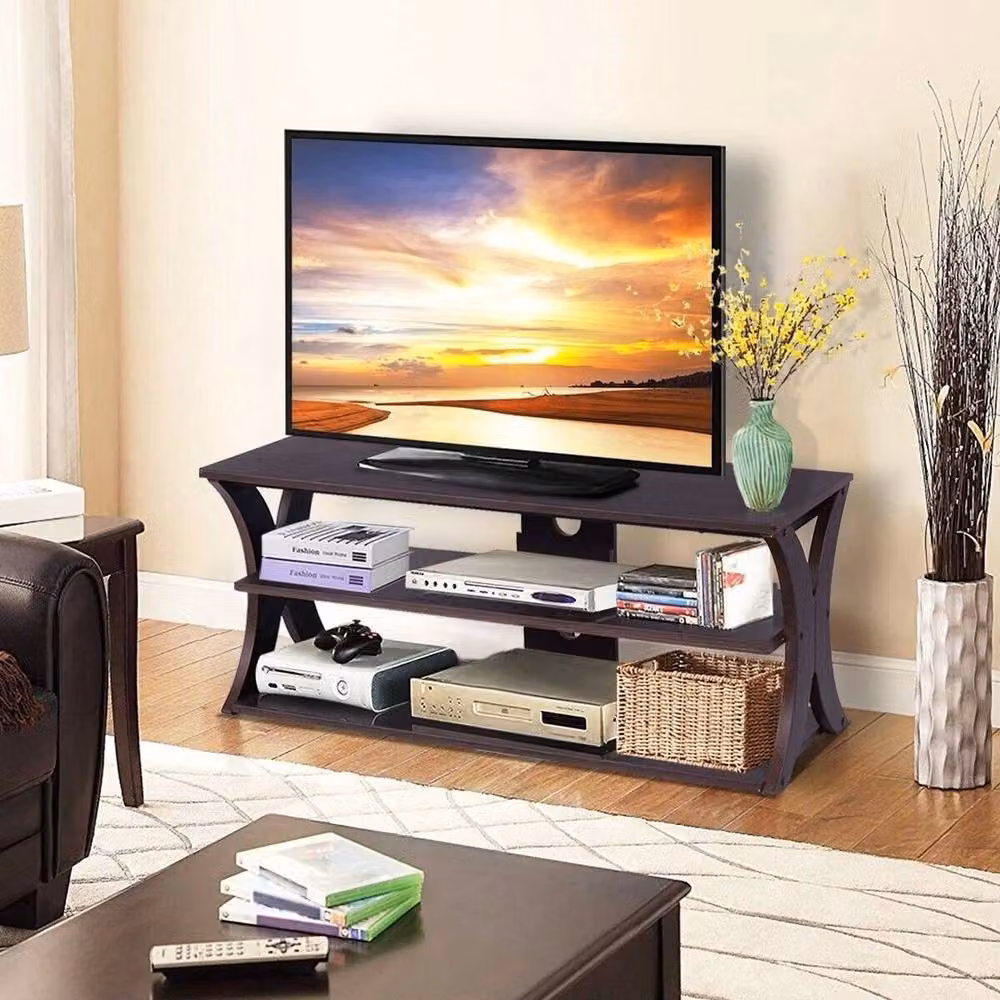 Kelvenix 3-tier Retro Wood Media Console TV Stand for TVs up to 45 inches, Dark Brown – 3