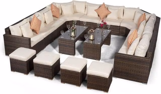 Giardino Santorini 10 Seat Rattan Sofa Set with 2 Large Coffee Tables and 4 Stools in Brown