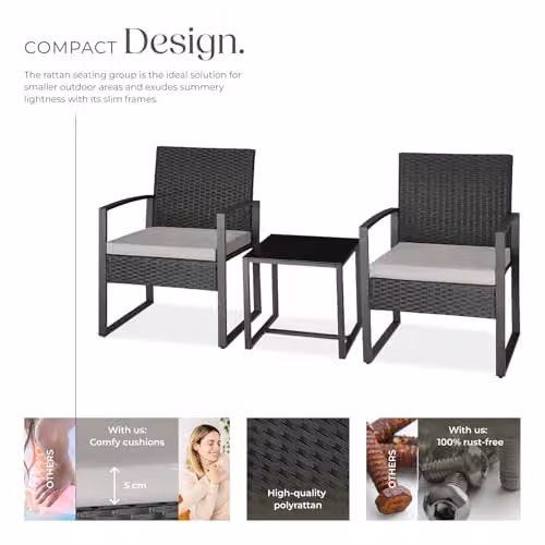 tectake 3 Piece Rattan Bistro Set with Glass Top and Metal Frame in Grey and Black – 3