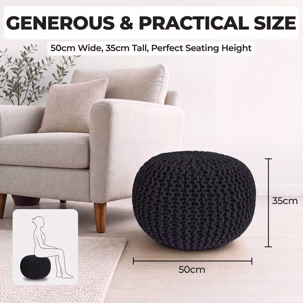 Bravich LTD Grey Chunky Knitted Cotton Round Pouffe Footstool, Diameter: 50 cm – 4