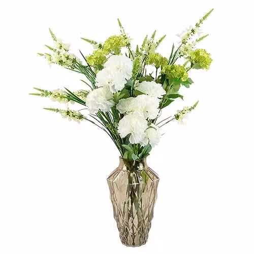 Leaf Design UK Mixed Floral Artificial Flower Display with Round Glass Vase in Brown and White, H 80 cm x W 55 cm x D 55 cm