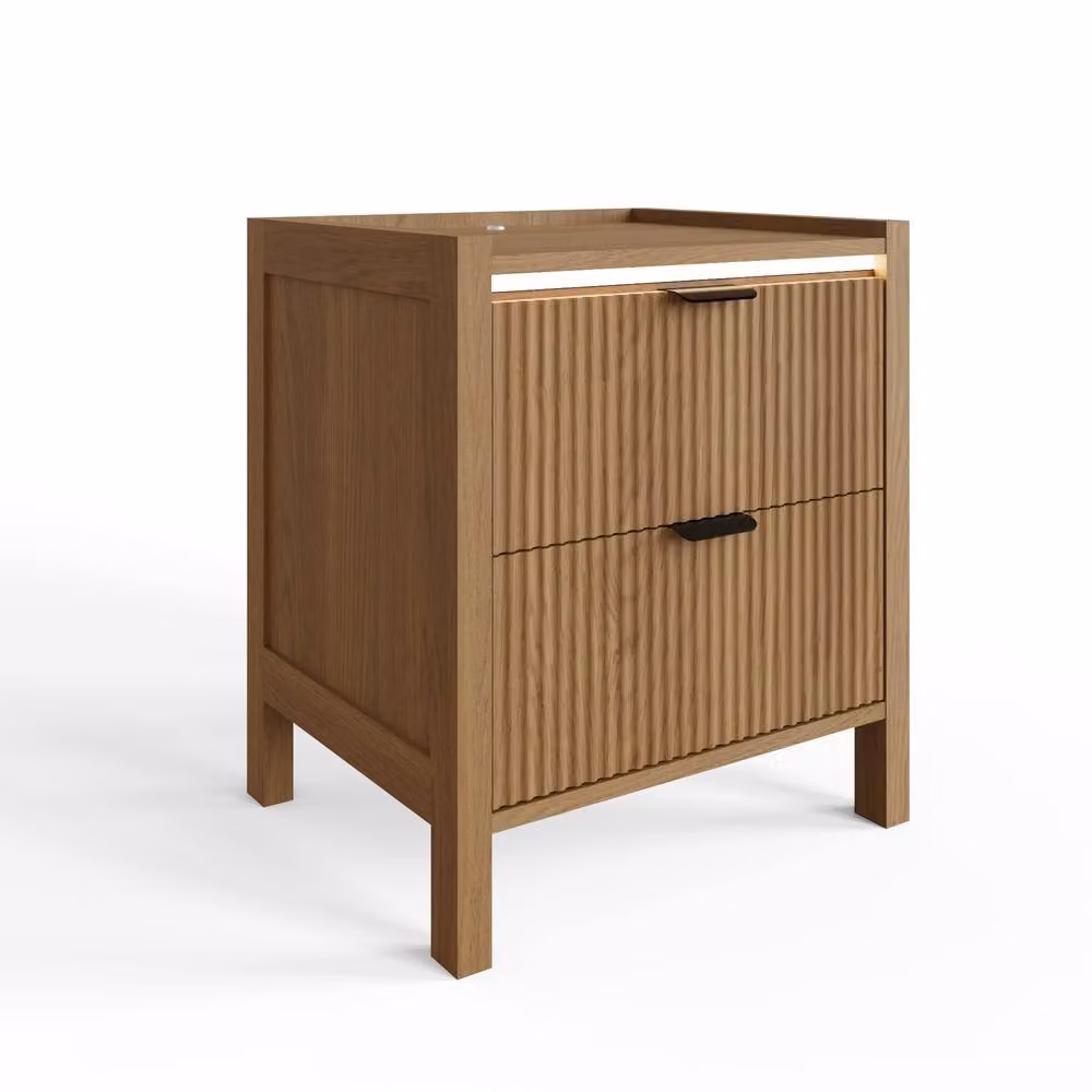 GFW Zion Modern 2 Drawer Oak Bedside Table with Integrated Lighting in Brown and Black – 2