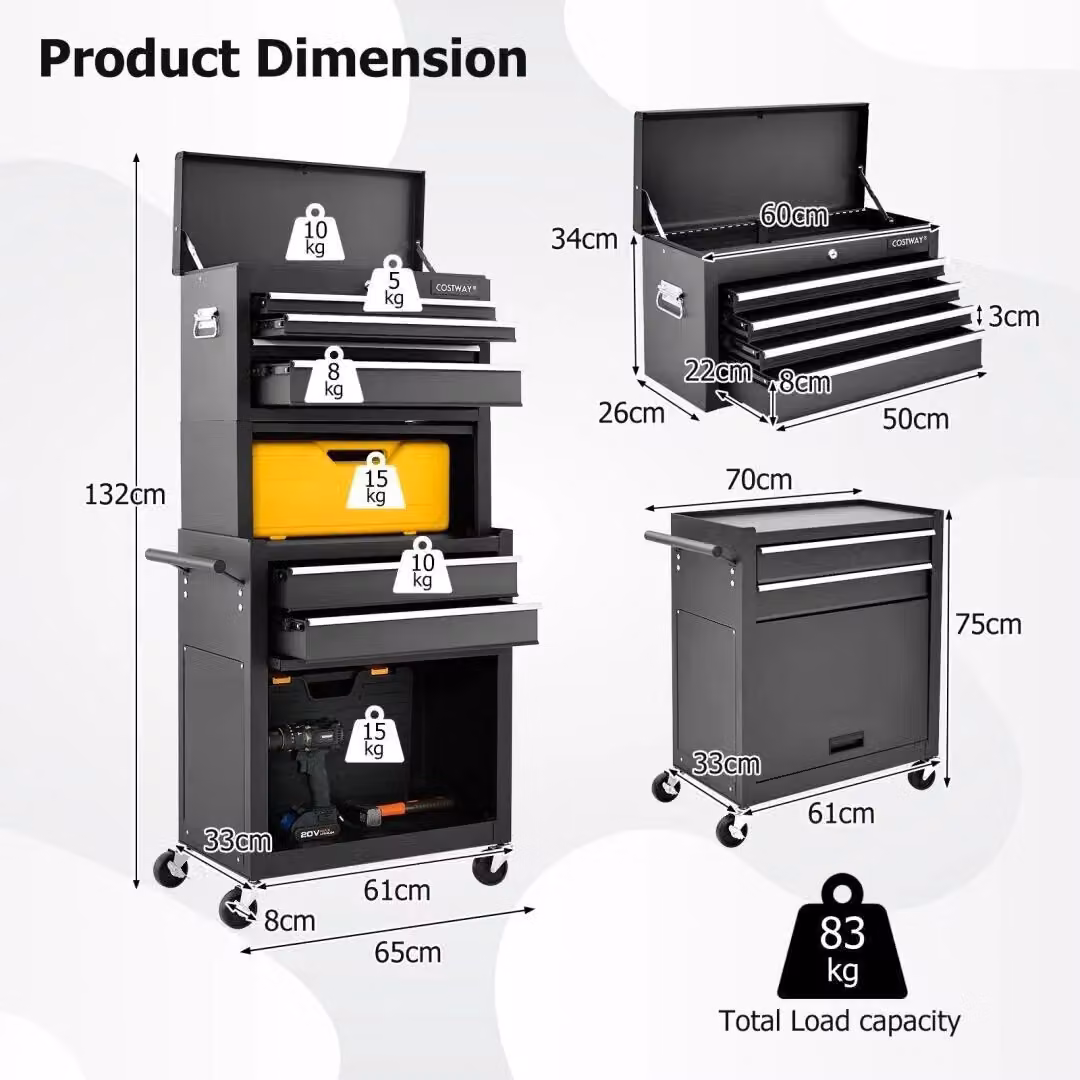 Gymax Lockable Rolling Metal Tool Chest with Drawers, Black – 2
