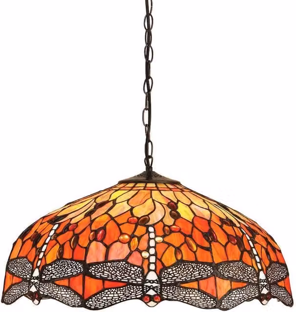 Interiors 1900 Dragonfly Tiffany 3 Light Large Ceiling Pendant in Dark Bronze with Red and Multicolour Glass