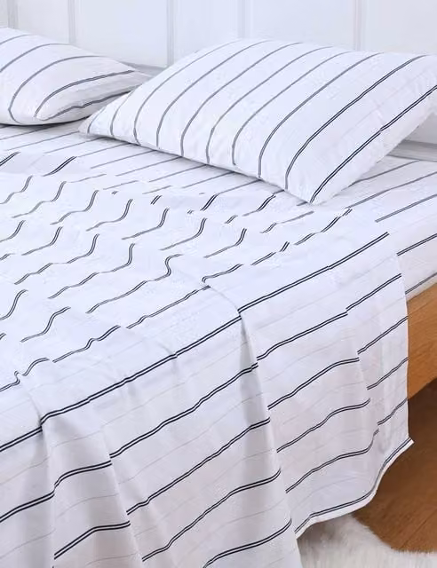 MM Linen Cape Bluestone Striped Cotton Percale Sheet Set in White, W/D/H: 180 x 200 cm