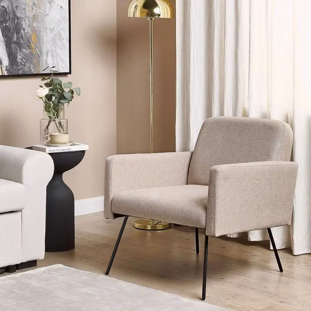 NovaHome Retro Armchair in Beige Fabric with Black Metal and Wood Frame – 1
