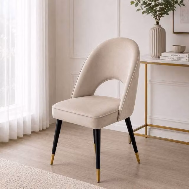 Stratus Interiors Astra Dining Chair in Beige Fabric and Synthetic Leather with Gold-Tipped Wooden Legs