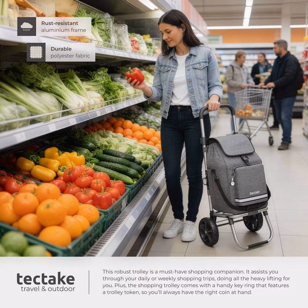 tectake 3-in-1 Foldable Shopping Trolley with Cooler Bag in Grey – 4