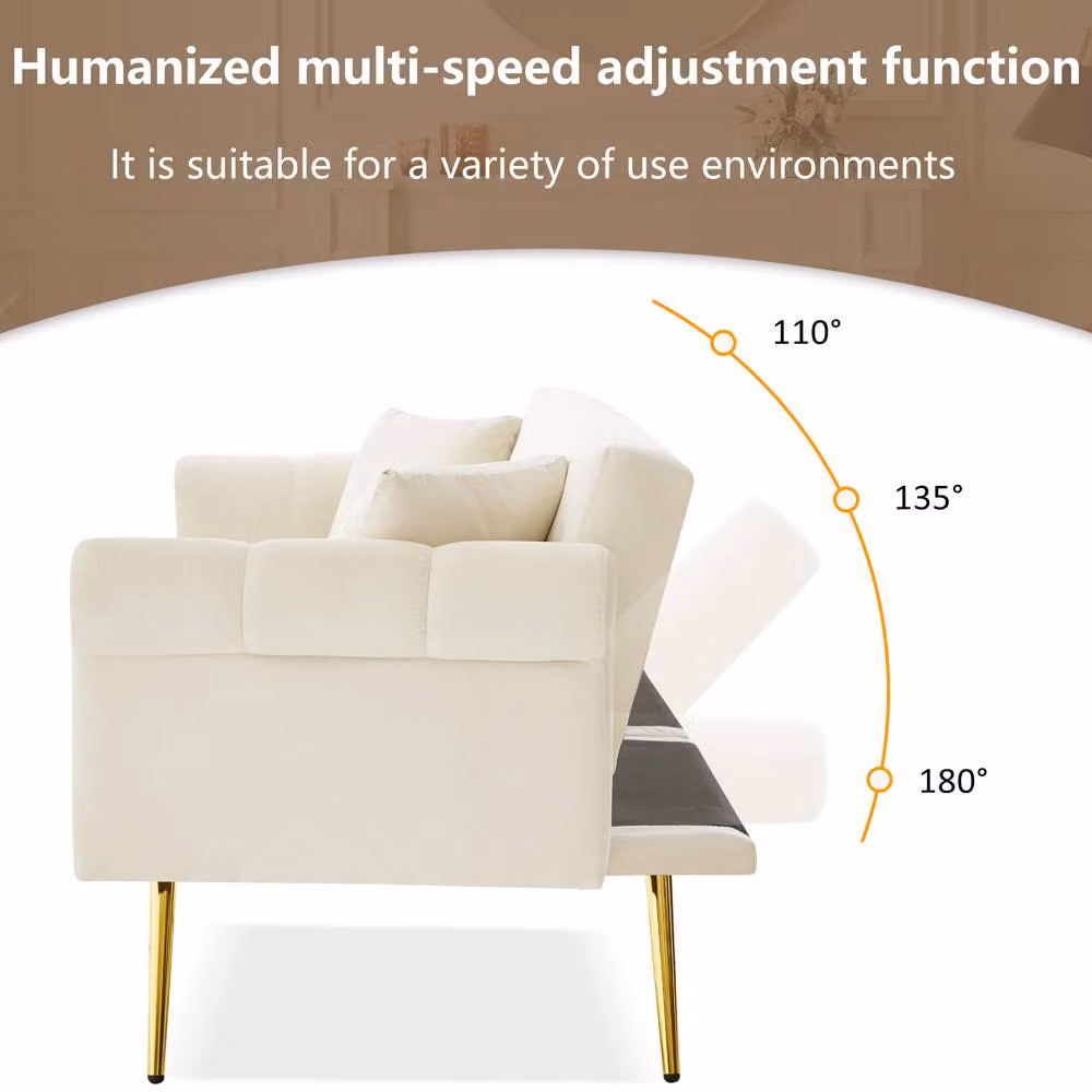 Merax Two Seater White Velvet Sofa Bed with Adjustable Headrest and Click-Clack Sleeping Function, W/D/H: 177 x 74 x 71 cm – 2