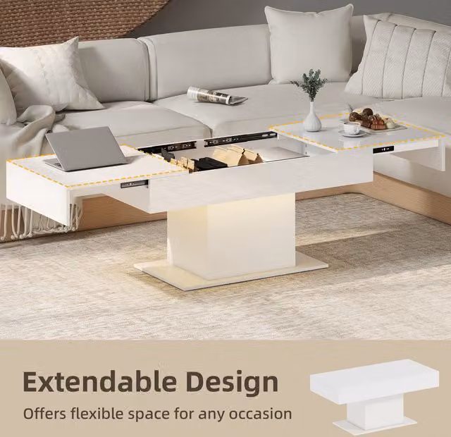 HOMCOM Extendable Modern Glossy White Coffee Table with LED Lights
