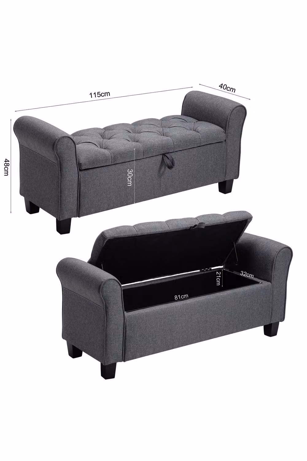 Garden Sanctuary Dark Grey Linen Splayed Armrest Storage Ottoman Bench Chaise – 3