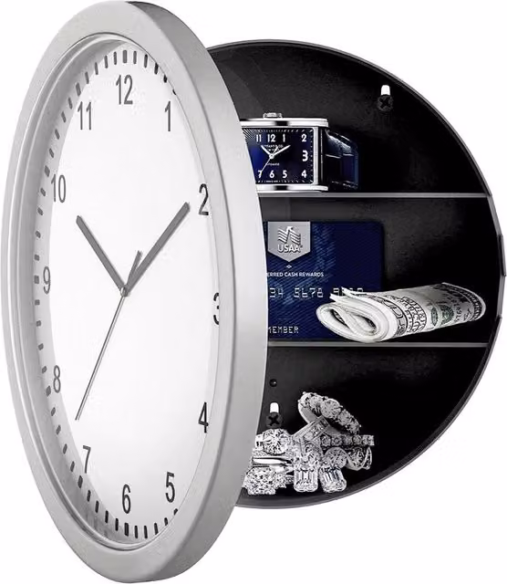 GEEZY Silver and Grey Round Quartz Analog Wall Clock and Hidden Money Box Stash