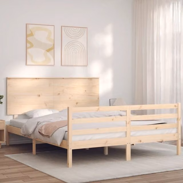 Berkfield Home King Size Solid Wood Bed Frame with Headboard in Brown and Beige Pine – 1