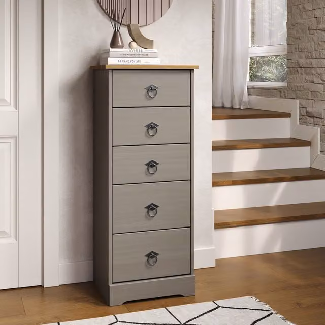 Corona Classic Grey Pine 5 Drawer Narrow Chest of Drawers in Grey Washed Wax