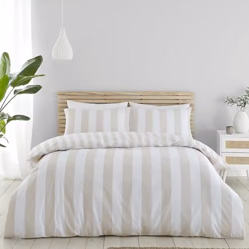 Catherine Lansfield Cove Stripe Reversible King Duvet Cover and Pillowcase Set in Beige, Sand and White, W/D/H: 180 x 200 cm