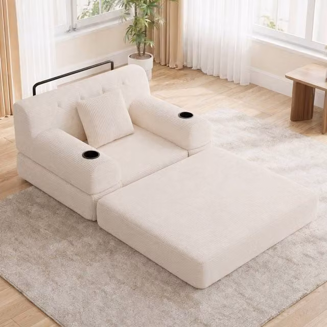 STILVORA 1-Seater Sleeper Sofa with Cup Holders and Side Pockets in Beige – 1