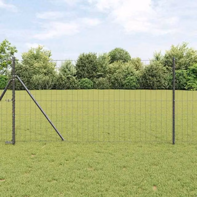 Berkfield Home Euro Fence with 7 Round Posts, Galvanised Steel, Grey and Black, W: 10 m, H: 1 m – 1