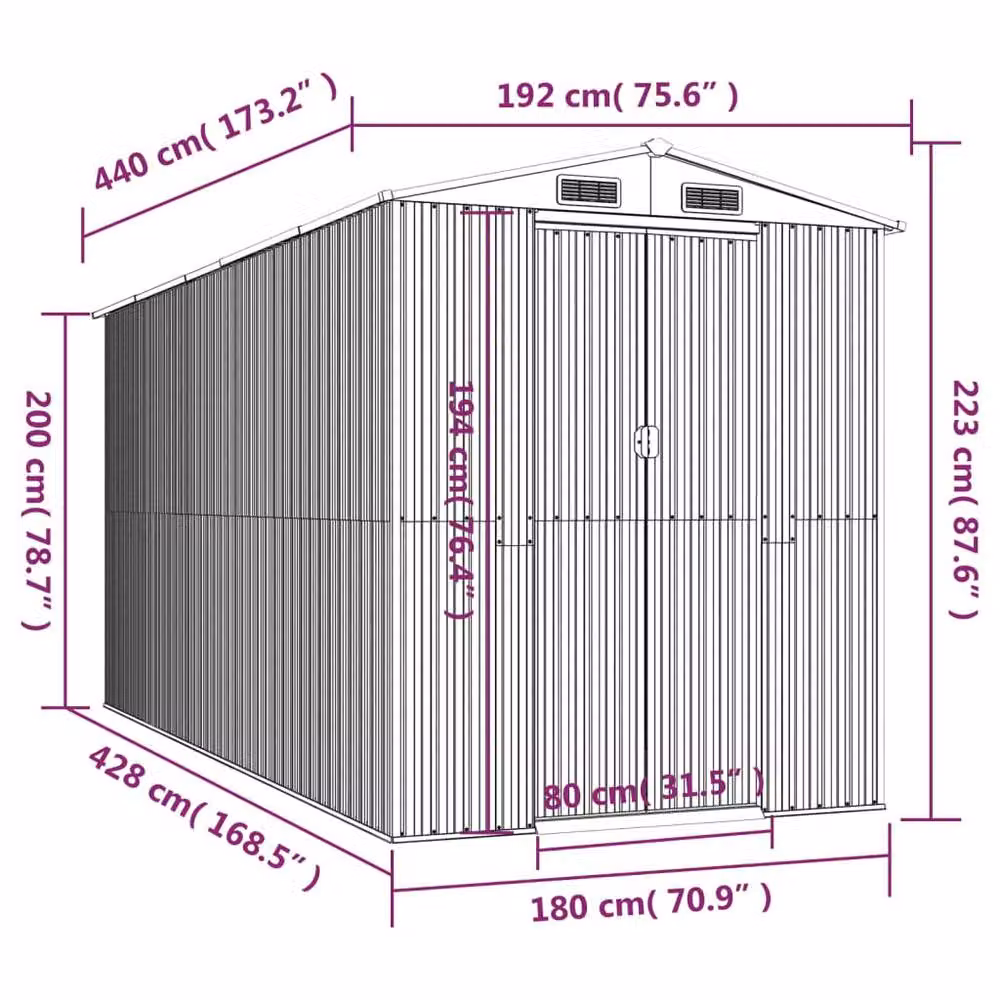 Berkfield Dark Brown Galvanised Steel Gable Garden Shed W: 192 cm, D: 440 cm, H: 223 cm – 5
