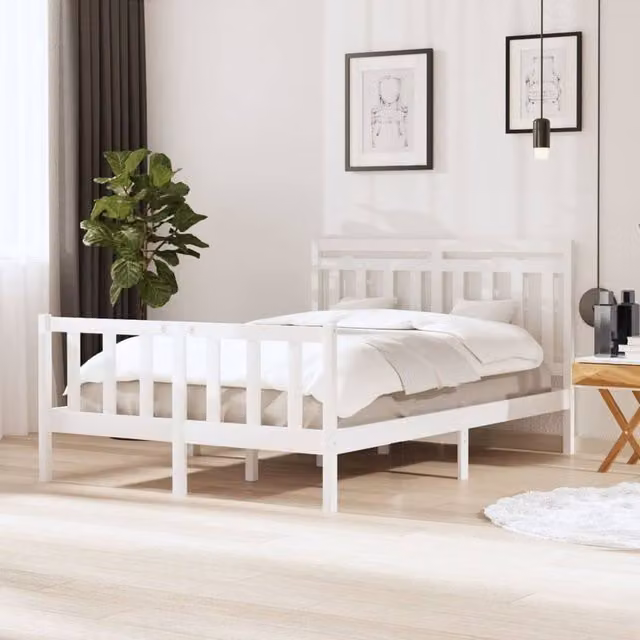Berkfield Home White Solid Pine Wood Bed Frame W/D/H: 140 x 200 cm