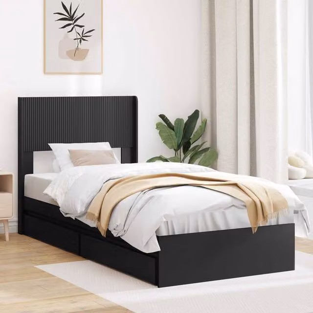 Berkfield Home Black Bed Frame with Headboard and Side Compartment Storage, W/D/H: 90 x 190 cm
