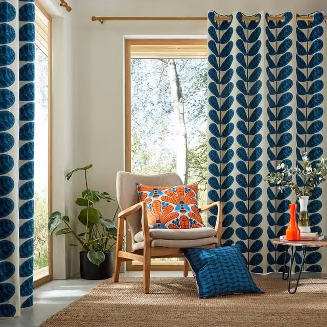 Orla Kiely Botanica Marine Blue Floral Eyelet Blackout Curtains