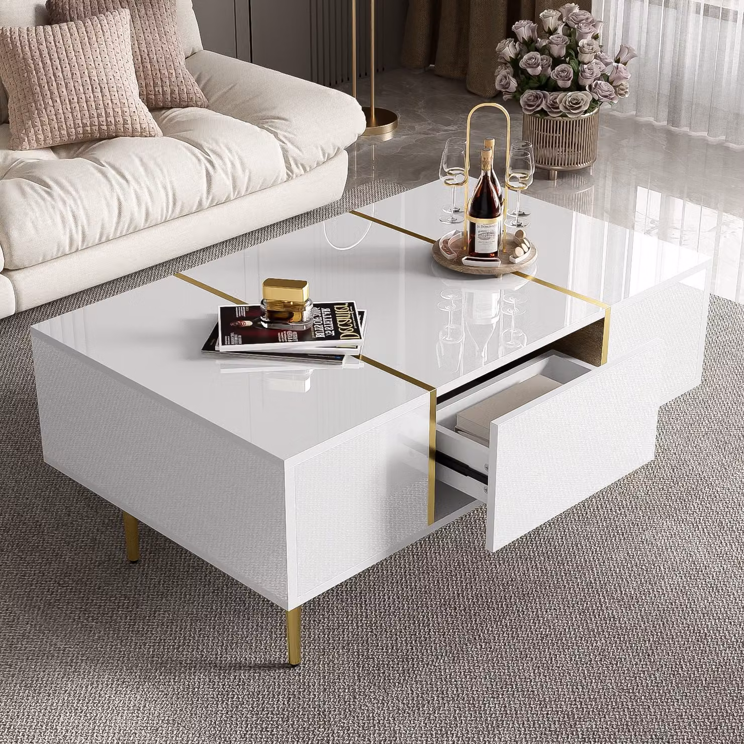 Aosom UK Morden High-Gloss Coffee Table with 2 Drawers, White and Gold, W: 100 cm, D: 60 cm, H: 41.5 cm – 3