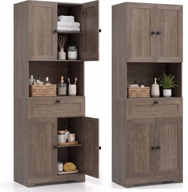 Costway Modern Grey Wooden Freestanding Bathroom Cabinet with Soft Close Hinged Doors and Internal Shelves