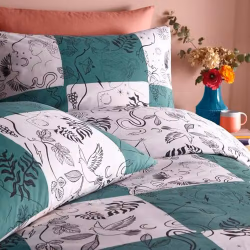 Furn Mythos Checkerboard Reversible Polycotton Duvet Cover and Pillowcase Set in Green and White, Single (90 x 200 cm) – 2
