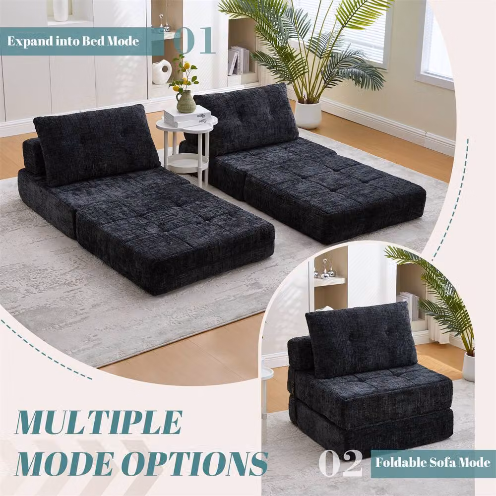 Direct Wicker Black Chenille Tufted Folding Sofa Bed with Pillow and Back Support – 6
